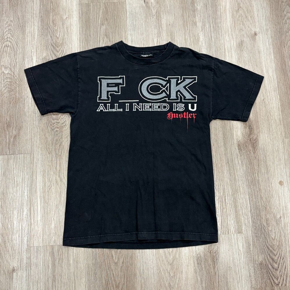 Vintage 00s Y2K Hustler "F_CK All I Need Is U" T-Shirt Men Sz Large Black Grunge